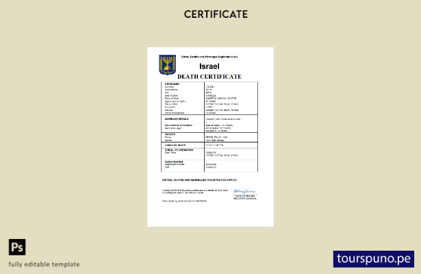 listo para imprimir certificado de defunción de Israel Plantilla en Word y PDF